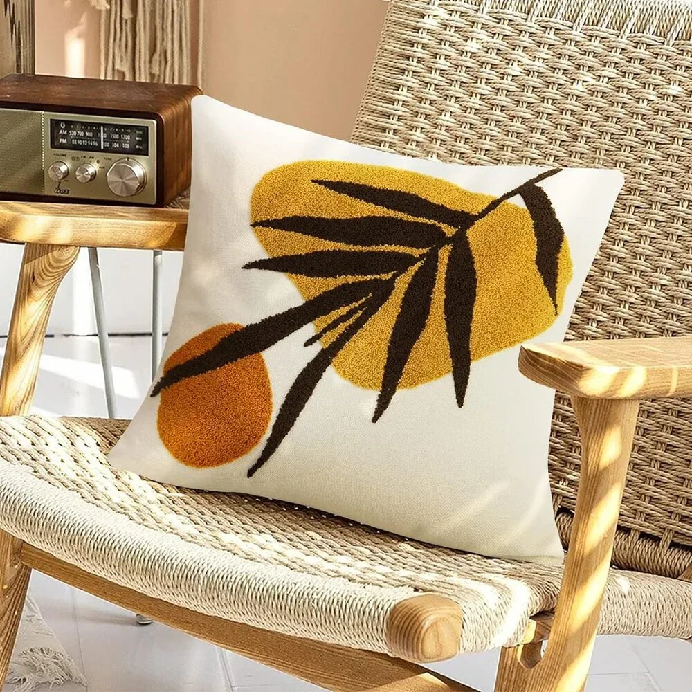 Abstract Throw Pillow Covers Orange Mid Century Geometric Leaf Decorative Cases